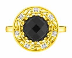 Pierścionek z żółtego złota z diamentami i onyksem - próba 585