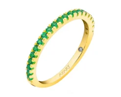 Pierścionek z żółtego złota z diamentem i szmaragdami syntetycznymi - próba 375