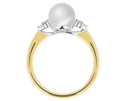 Pierścionek z żółtego złota z brylantami i perłą - próba 375