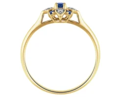 Pierścionek z żółtego złota z brylantami i szafirami syntetycznymi - kwiat - próba 375