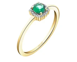 Pierścionek z żółtego złota z diamentami i szmaragdem syntetycznym - próba 375