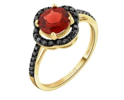 Pierścionek z żółtego złota z czarnymi diamentami i granatem - próba 585