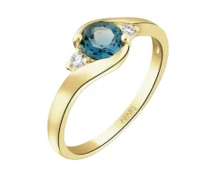Pierścionek z żółtego złota z brylantami i topazem London Blue - próba 585