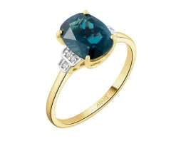 Pierścionek z żółtego złota z diamentami i topazem London Blue - próba 585