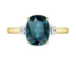 Pierścionek z żółtego złota z diamentami i topazem London Blue - próba 585