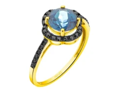 Pierścionek z żółtego złota z czarnymi brylantami i topazem London Blue - próba 585