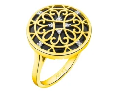 Pierścionek z żółtego złota z diamentami i onyksem - rozeta - próba 585