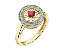 Pierścionek z żółtego złota z diamentami i rubinem - rozeta - próba 585