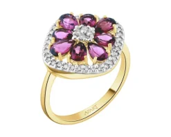 Pierścionek z żółtego złota z diamentami i rodolitami - próba 585