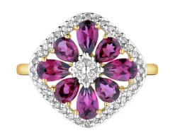 Pierścionek z żółtego złota z diamentami i rodolitami - próba 585