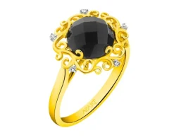 Pierścionek z żółtego złota z diamentami i onyksem - próba 585