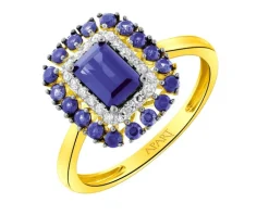 Pierścionek z żółtego złota z diamentami i szafirami syntetycznymi - próba 585