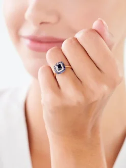 Pierścionek z żółtego złota z diamentami i szafirami syntetycznymi - próba 585