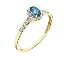 Pierścionek z żółtego złota z diamentami i topazem London Blue - próba 375