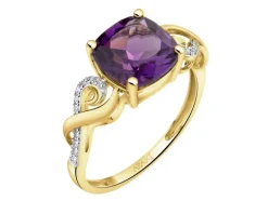 Pierścionek z żółtego złota z diamentami i ametystem - próba 585