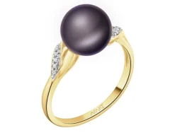 Pierścionek z  żółtego złota z diamentami i perłą - próba 585