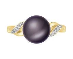 Pierścionek z  żółtego złota z diamentami i perłą - próba 585