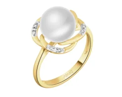 Pierścionek z żółtego złota z diamentami i perłą - próba 585