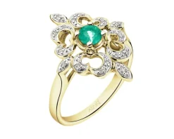 Pierścionek z żółtego złota z brylantami i szmaragdem - próba 585