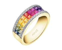 Pierścionek z żółtego złota z brylantami i szafirami kolorowymi - próba 585