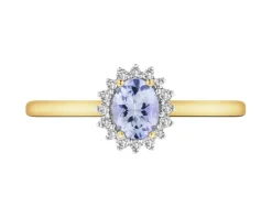 Pierścionek z żółtego złota z diamentami i taznzanitem - próba 585