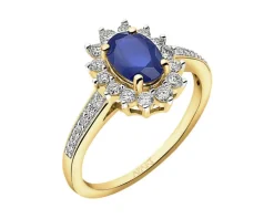 Pierścionek z żółtego złota z diamentami i szafirem - próba 585