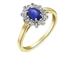 Pierścionek z żółtego złota z diamentami i szafirem - próba 585