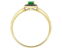 Pierścionek z żółtego złota z czarnymi brylantami i szmaragdem syntetycznym - próba 375