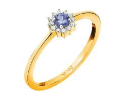 Pierścionek z żółtego złota z diamentami i tanzanitem - próba 585