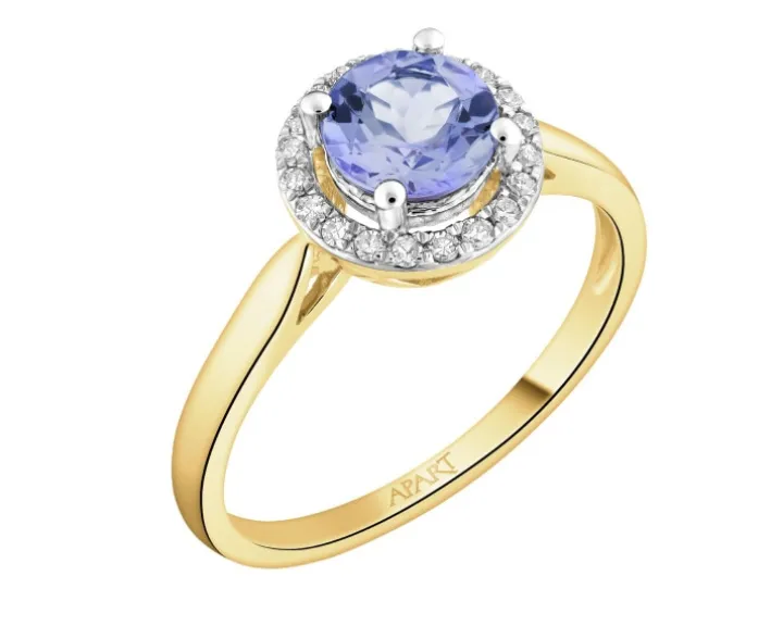Pierścionek z żółtego złota z diamentami i tanzanitem - próba 585
