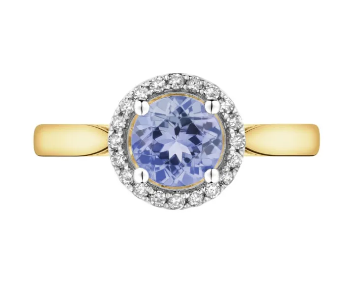 Pierścionek z żółtego złota z diamentami i tanzanitem - próba 585