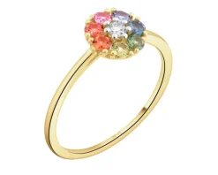 Pierścionek z żółtego złota z brylantem i szafirami kolorowymi - kwiat - próba 585