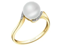 Pierścionek z żółtego złota z diamentami i perłą - próba 585