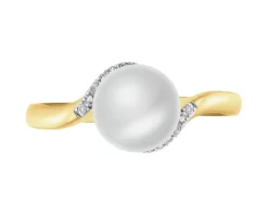 Pierścionek z żółtego złota z diamentami i perłą - próba 585