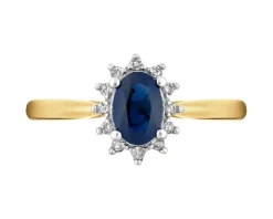 Pierścionek z żółtego złota z diamentami i szafirem - próba 585