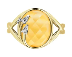 Pierścionek z żółtego złota z diamentami i cytrynem - liście - próba 585