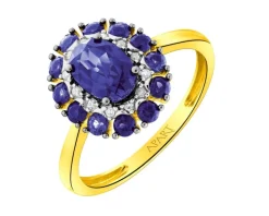 Pierścionek z żółtego złota z diamentami i szafirami syntetycznymi - próba 585