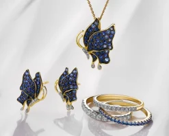 Pierścionek z żółtego złota z diamentem i szafirami syntetycznymi - próba 375