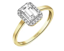 Pierścionek z żółtego złota z diamentami i topazem białym - próba 585