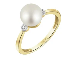 Pierścionek z żółtego złota z brylantami i perłą - próba 375