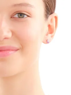 Pojedynczy kolczyk z białego złota z diamentem i ametystami - próba 375