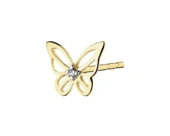 Pojedynczy kolczyk z żółtego złota z diamentem - motyl - 0,002 ct - próba 375