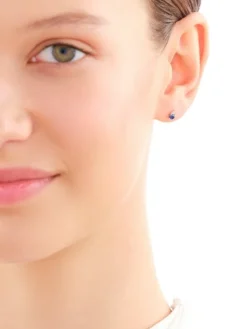 Pojedynczy kolczyk z żółtego złota z diamentem i szafirem syntetycznym - próba 375