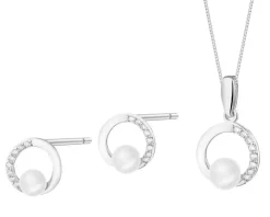 Srebrne kolczyki i zawieszka z perłami i cyrkoniami, łańcuszek - komplet - koła