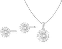 Srebrne kolczyki i zawieszka z cyrkoniami, łańcuszek - komplet - kwiaty