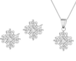 Srebrne kolczyki i zawieszka z cyrkoniami, łańcuszek - komplet