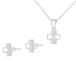 Srebrne kolczyki i zawieszka z cyrkoniami, łańcuszek - komplet - koniczyny