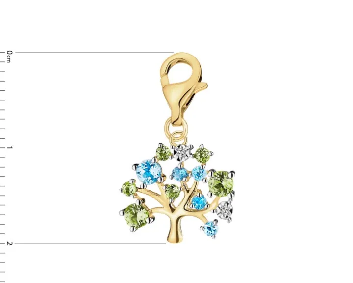 Zawieszka charms z żółtego złota z diamentami, peridotami i topazami - drzewko - próba 375