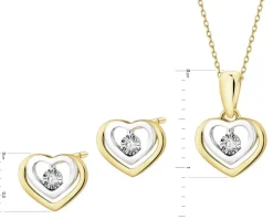 Zawieszka i kolczyki z żółtego i białego złota z brylantami - komplet - serca - 0,03 ct - próba 375