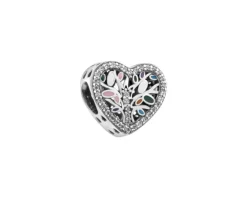 Zawieszka srebrna beads z cyrkoniami i emalią - serce, drzewko